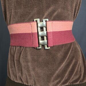 Vintage 70s 80s Wide Elastic Stretchy Waist Belt Burgundy Pink Stripes Size S
